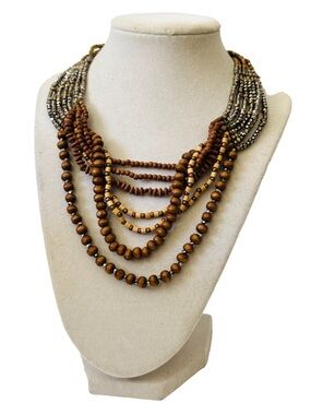 NAKAMOL Multi Tone Metalic Beads Wood Beads Multi Strand Necklace 15"-17"